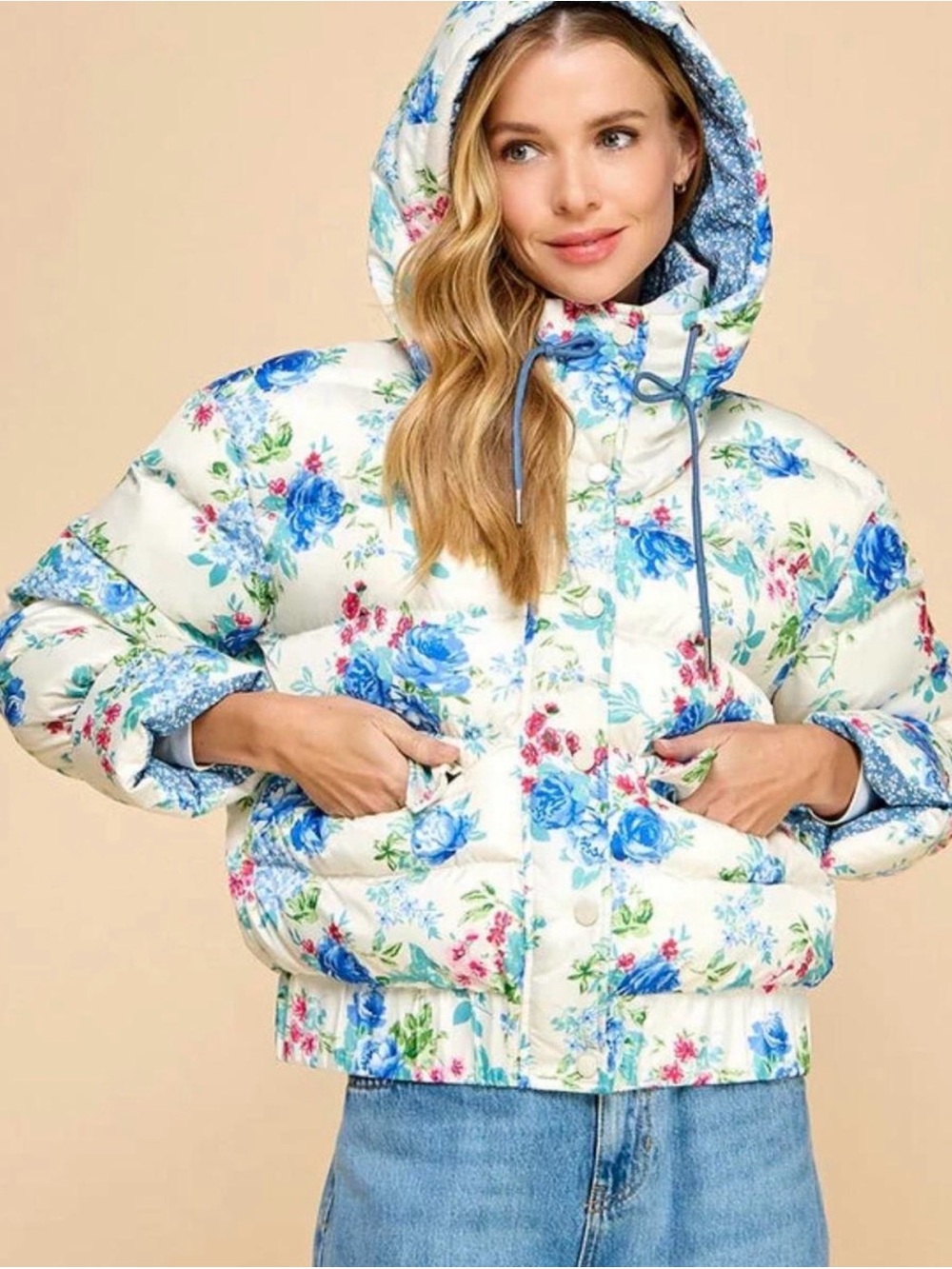 TCEC floral Quilted Hooded Puffer Jacket - Blue Floral on Cream